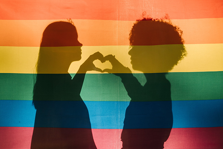 une silhouette de deux femmes faisant un cœur avec leurs mains derrière un drapeau Pride